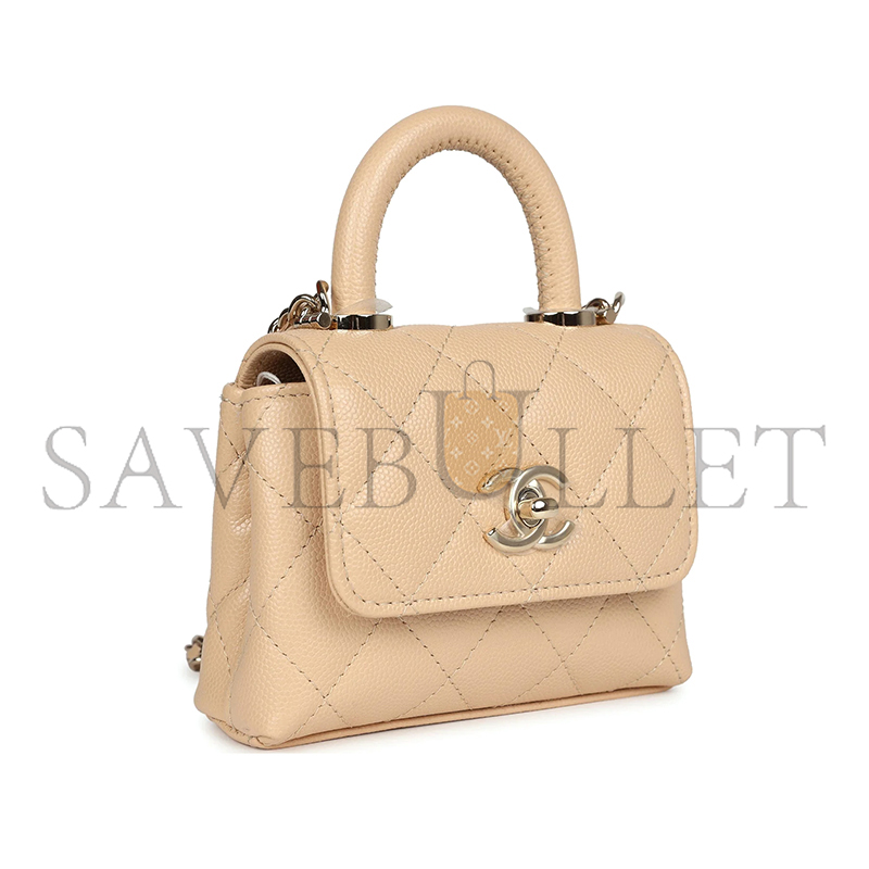 CHANEL MASTER CAVIAR NANO COCO TOP HANDLE FLAP BAG LIGHT GOLD HARDWARE LIGHT BEIGE AP4245 (11*9*5cm)